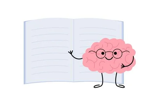 Cute child character brain with open book, notebook. Happy brain reading book Stock Illustration