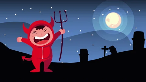 Cute child disguised as devil in cemetery Stock Footage 159533832