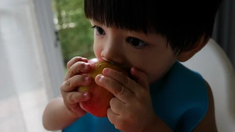 Cute child eating bite a apple and pomelo Stock Footage 94358707