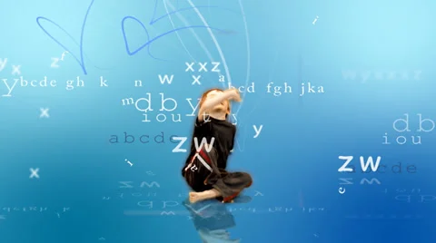 Cute child explores his imagination. Letters fly across screen on a blue Stock Footage 32959693