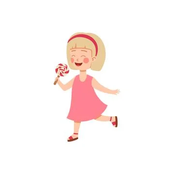 Cute child holds, eats tasty lollipop in flat vector illustration isolated Stock Illustration