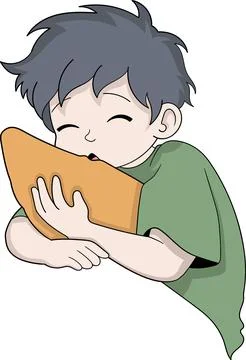 Cute Child Hugging A Large Slice Of Cake With A Sleepy Expression Stock Illustration