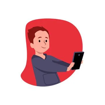 Cute child looking at the smartphone, vector little boy using mobile gadget Stock Illustration