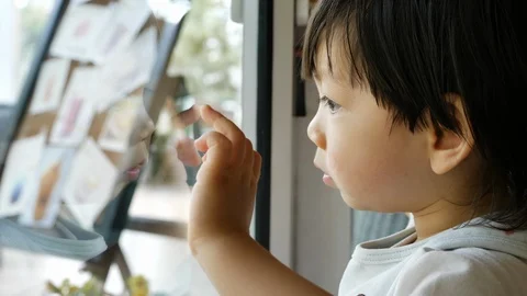 Cute child looking through outside glass door with hand touching mirror Stock Footage 89219698