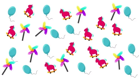 Cute Child Pattern Featuring Pink Ponies on Skateboards, Balloons and Pinwheels Stock Footage 345539179