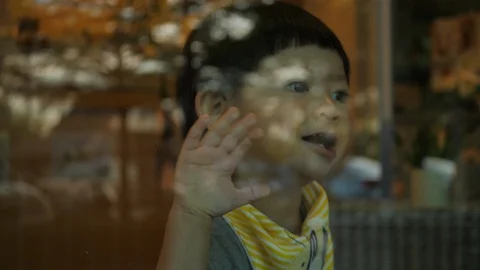Cute child playing in cafe Stock Footage 92089041
