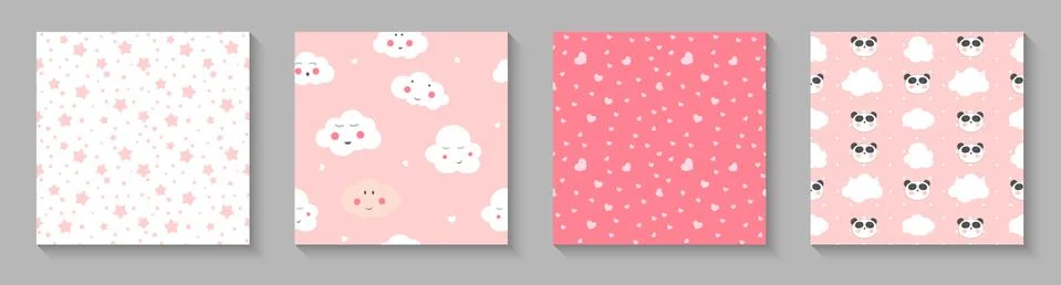 Cute child seamless pattern wuth panda, hearts and clouds for card and shirt イラスト素材