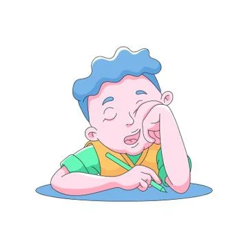 Cute child sleeps at the table while writing with pen. boy falls asleep. vector Stock Illustration