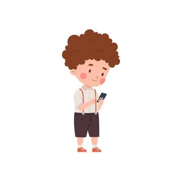 Cute child standing and looking at the smartphone, vector little boy using Stock Illustration