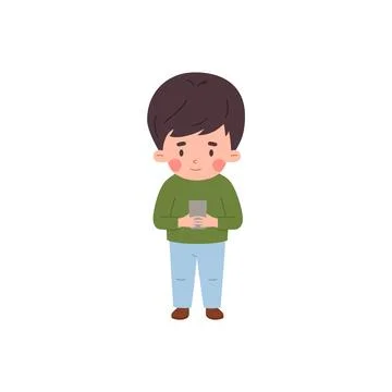 Cute child standing and looking at the smartphone, vector little boy using Stock Illustration