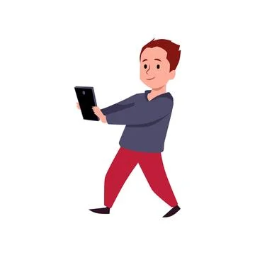 Cute child walking and looking at the smartphone, vector little boy using mobile Stock Illustration