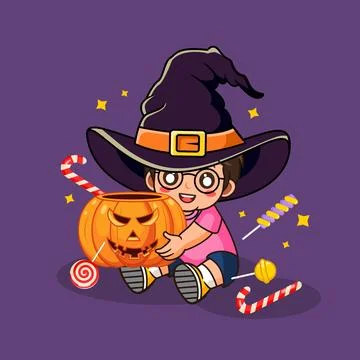 Cute Child in Witch Hat Holding Bucket Pumpkin Candy 스톡 일러스트