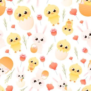 Cute childish easter pattern with bunny and chick in differnt poses with spring Stock Illustration
