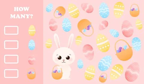 Cute childish educational riddle with easter bunny holding basket with eggs,  Stock Illustration