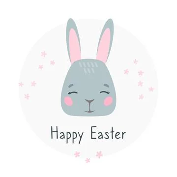 Cute childish happy easter illustration. Easter bunny gray with pink. Baby card Stock Illustration