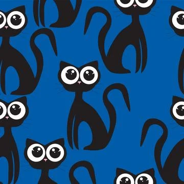 Cute childish kitty pattern with huge eyes on blue background Stock Illustration