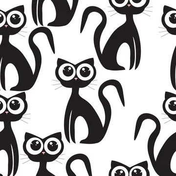 Cute childish kitty pattern with huge eyes on white background Stock Illustration