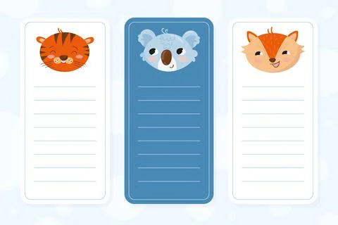 Cute childish lined note sheet with cute animals set. Notebook, notepad, diary Stock Illustration