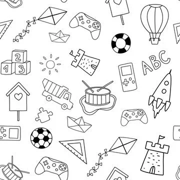 Cute childish monochrome seamless pattern with drawings of different toys in Stock Illustration