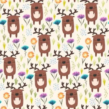 Cute childish pattern with deer, grass and flowers Stock Illustration