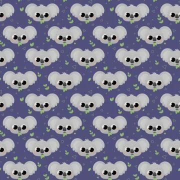 Cute childish pattern with koalas and leaves and triangles, circles on dark blue Stock Illustration