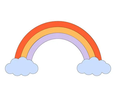 Cute childish rainbow with clouds. Vector sticker for kids. Retro groovy Stock Illustration
