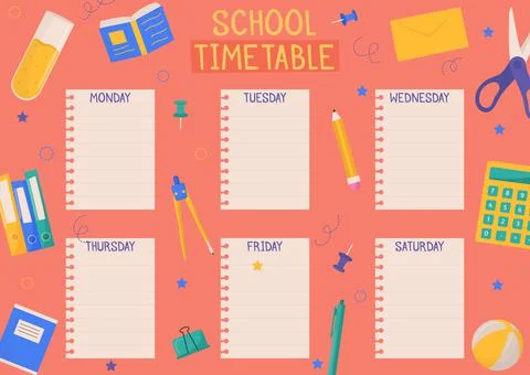Cute childish school timetable, weekly classes schedule for kids with school Stock Illustration