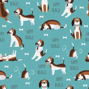 Cute childish seamless pattern with beagle dog flat vector illustration on blue. Illustrazione stock