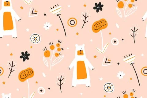 Cute childish seamless pattern with bears in the wood. Vector hand drawn Stock Illustration