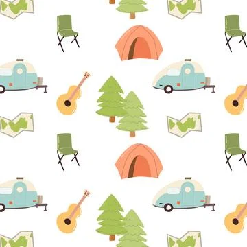 Cute childish seamless pattern with camping trailer and tent Illustrazione stock