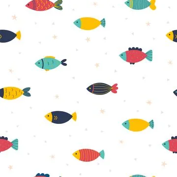 Cute childish seamless pattern in cartoon style. Funny little fish. Marine .. Stock Illustration