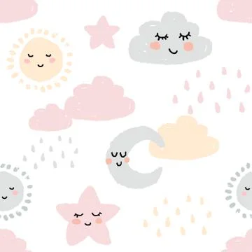 Cute childish seamless pattern in delicate pastel colors. Sleeping sun, cloud Stock Illustration