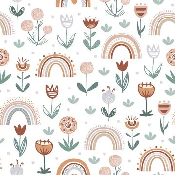 Cute childish seamless pattern with flowers and rainbows in scandinavian style Stock Illustration