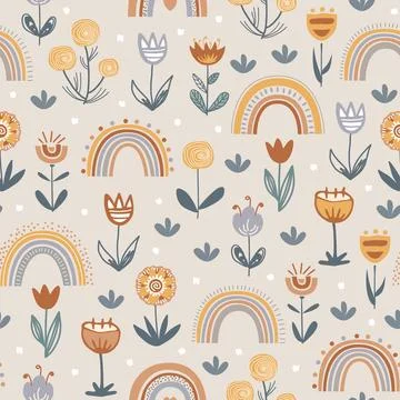Cute childish seamless pattern with flowers and rainbows in scandinavian style Stock Illustration