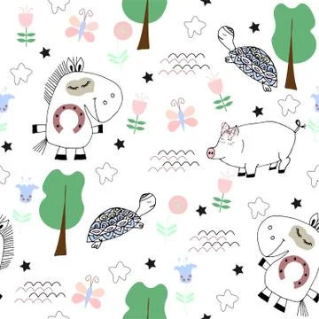 Cute childish seamless pattern with funny animals Stockillustratie