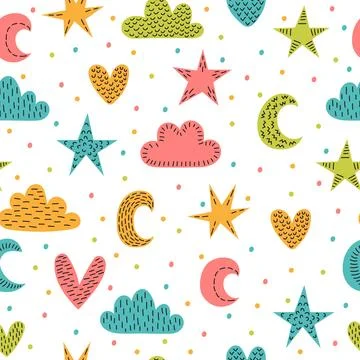 Cute childish seamless pattern with hand drawn design elements. Background .. 스톡 일러스트