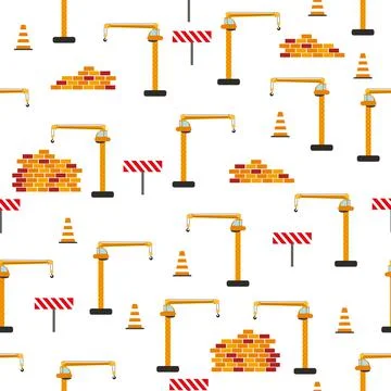 Cute childish seamless pattern with yellow car dump truck, crane, concrete mi イラスト素材