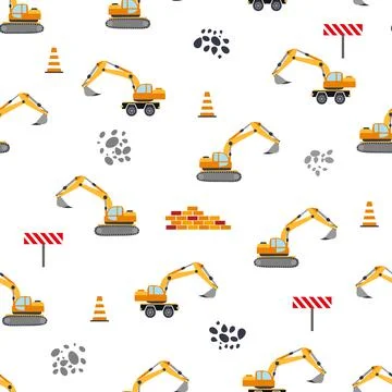 Cute childish seamless pattern with yellow car dump truck, crane, concrete mi Illustrazione stock