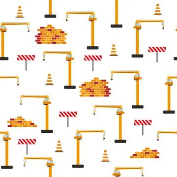 Cute childish seamless pattern with yellow car dump truck, crane, concrete mi 库存插图