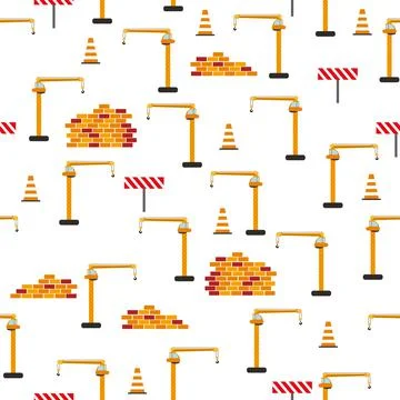 Cute childish seamless pattern with yellow car dump truck, crane, concrete mi Illustrazione stock