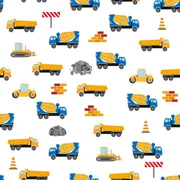 Cute childish seamless pattern with yellow car dump truck, crane, concrete mi イラスト素材