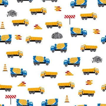 Cute childish seamless pattern with yellow car dump truck, crane, concrete mi Illustrazione stock