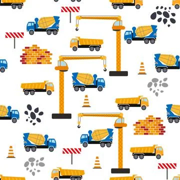 Cute childish seamless pattern with yellow car dump truck, crane, concrete mi 스톡 일러스트