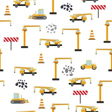 Cute childish seamless pattern with yellow car dump truck, crane, concrete mi イラスト素材