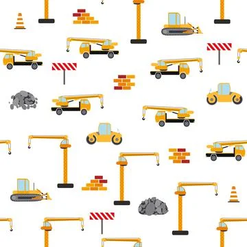 Cute childish seamless pattern with yellow car dump truck, crane, concrete mi Stock Illustration