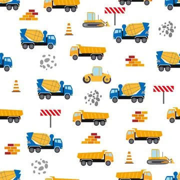 Cute childish seamless pattern with yellow car dump truck, crane, concrete mi Stock Illustration