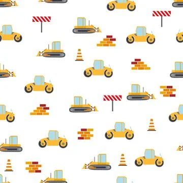 Cute childish seamless pattern with yellow car dump truck, crane, concrete mi 库存插图