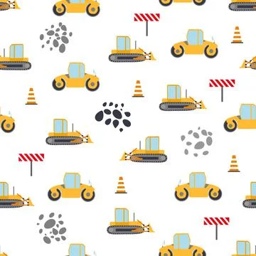 Cute childish seamless pattern with yellow car dump truck, crane, concrete mi 库存插图