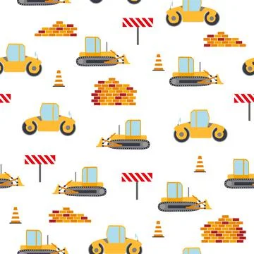 Cute childish seamless pattern with yellow car dump truck, crane, concrete mi Illustrazione stock