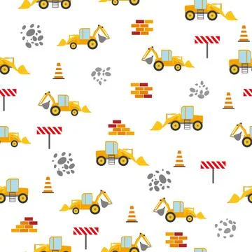 Cute childish seamless pattern with yellow car dump truck, crane, concrete mi 스톡 일러스트